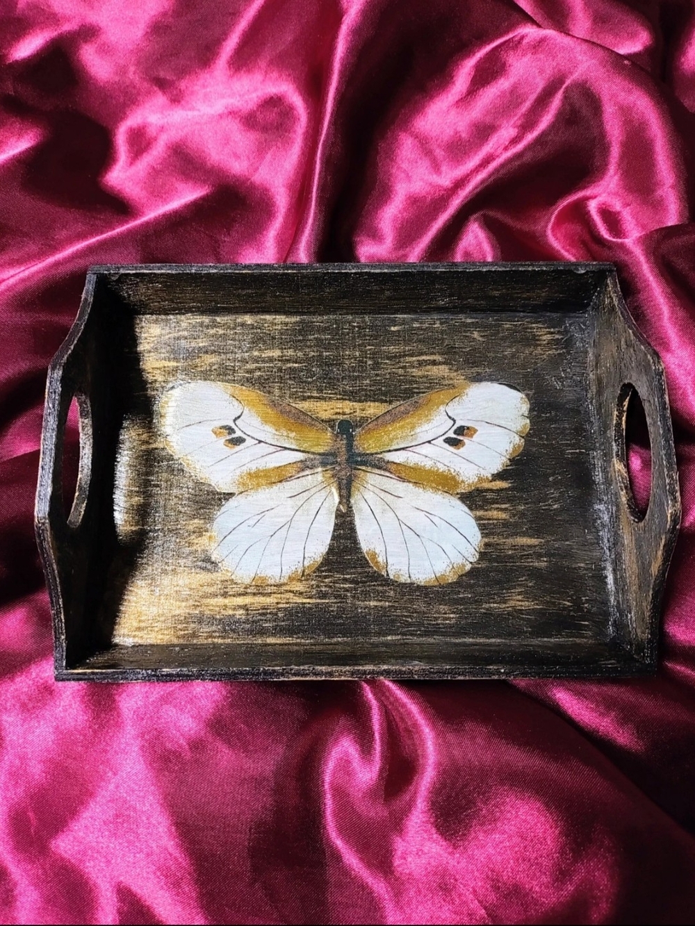 Handmade Wooden Butterfly Trinket Tray in White and Gold